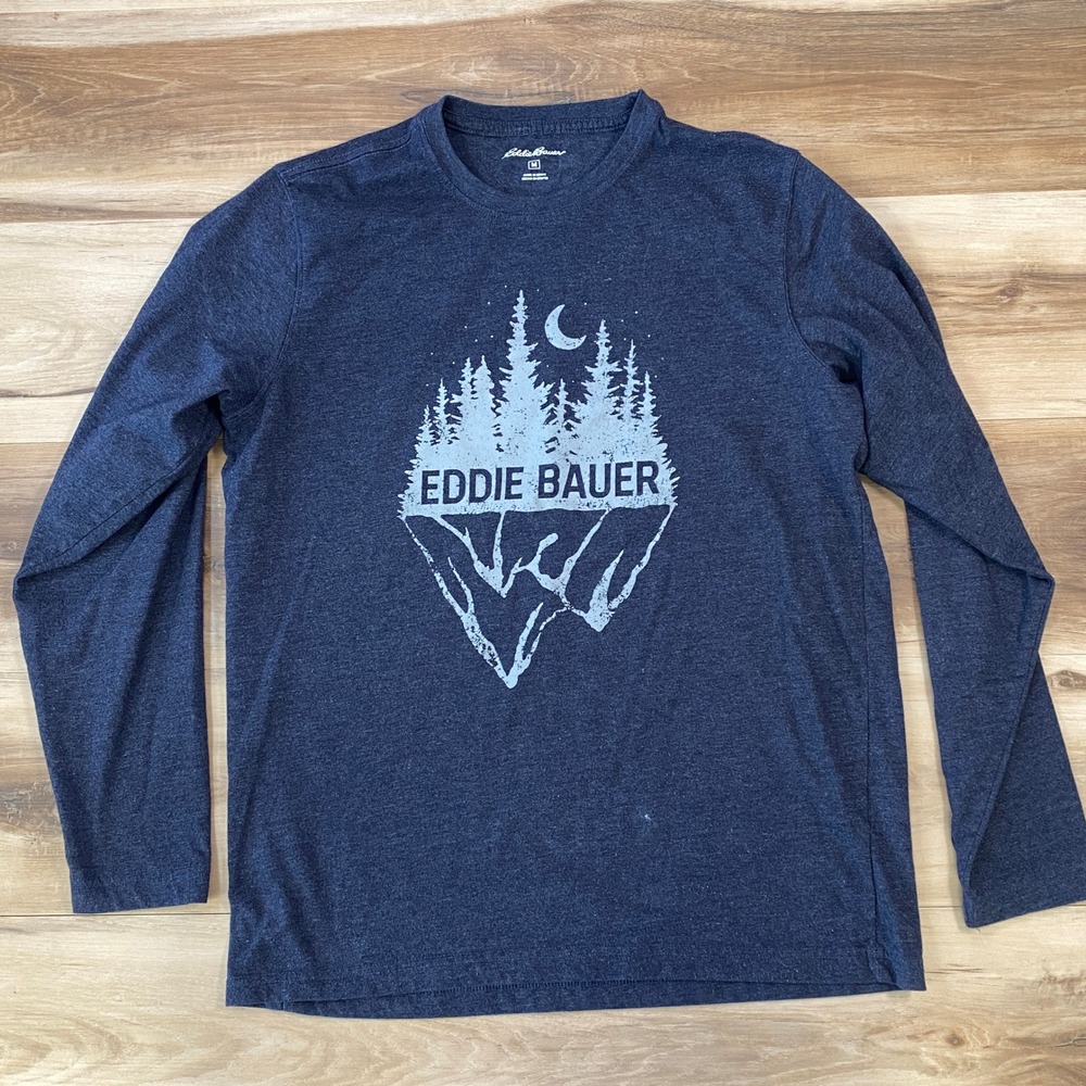 Eddie Bauer Graphic Tee Mens Medium Gorpcore Heathered Long Sleeve Navy Blue
